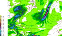 Fig. 3 GFS model, 24 hour rainfall projection, showing accumulations of 0.75-1.00 inch of rainfall over the coast of Belize, as of 6:00 pm, Monday, Feb. 6, 2012, as cold front approach from the NW.