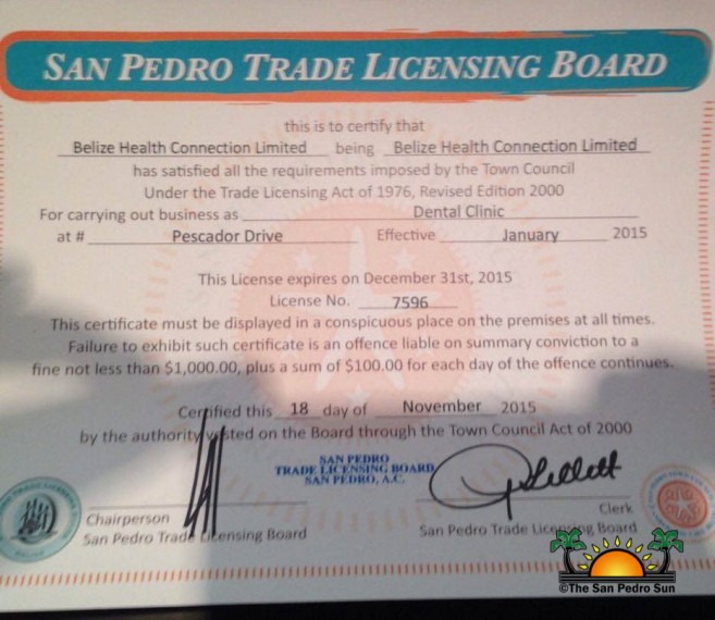 Trade License issued by the San Pedro Town Council