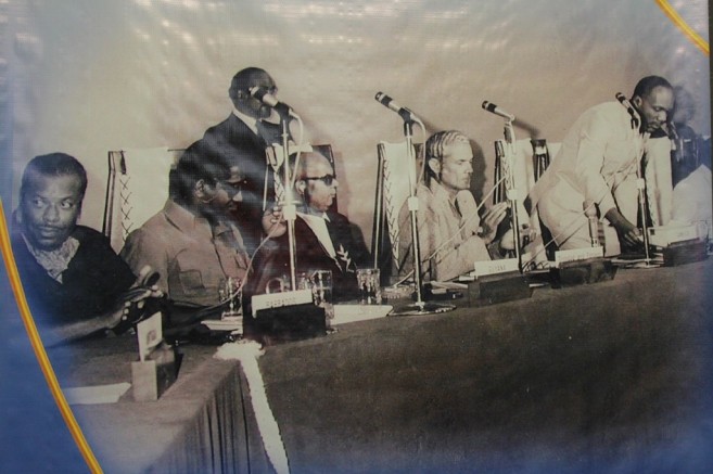 CARICOM’s Founding Fathers affixing their signatures to the Treaty of Chaguaramas. From left are: the Hon Errol Barrow, Prime Minister of Barbados, the Hon. Forbes Burnham, Prime Minister of Guyana, the Hon. Eric Williams, Prime Minister of Trinidad and Tobago, and theHon Michael Manley, Prime Minister of Jamaica.